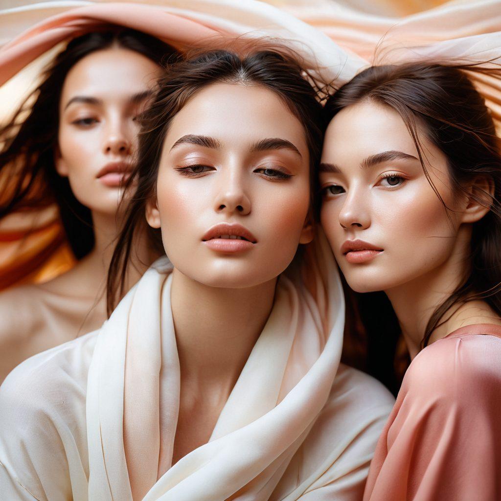 An abstract representation of various facial expressions symbolizing pleasure, featuring an array of diverse characters in soft, warm tones. Include subtle elements of sensuality such as flowing fabrics, delicate lighting, and abstract shapes to evoke emotion. The background should be smooth and blurry, enhancing the focus on the expressions. Incorporate flowing lines to create a sense of movement and intimacy. vibrant colors. soft focus.