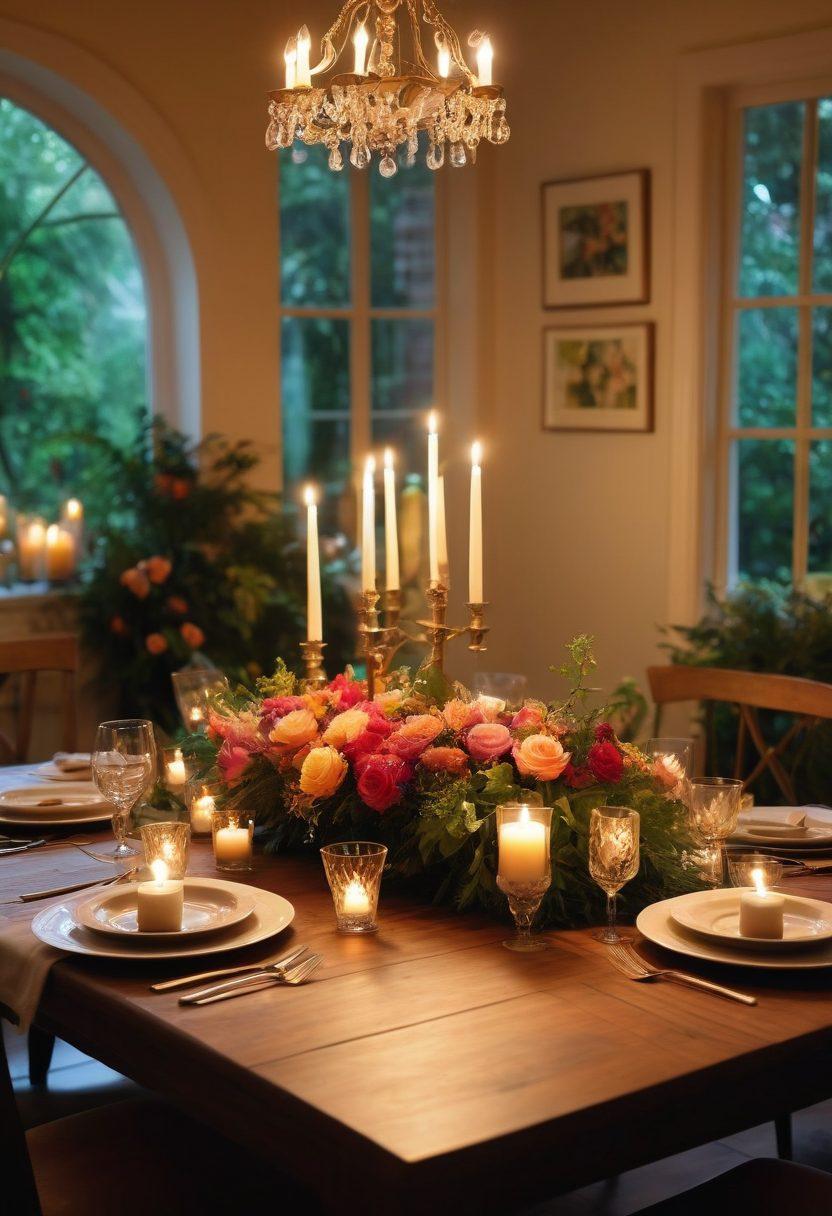 A cozy and inviting scene of a beautifully set table with candles, soft lighting, and romantic decor, showcasing an array of delicious treats and drinks, surrounded by lush greenery and stunning florals. The atmosphere feels warm and intimate, hinting at joyful moments yet to be experienced. super-realistic. vibrant colors. cozy ambiance.