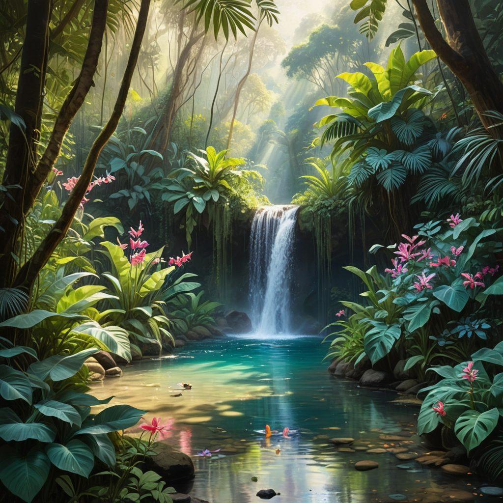 A dreamy, ethereal scene of a flowing waterfall in a lush, tropical jungle. Soft pastel colors blend seamlessly above a hidden small pool where silhouettes of playful, joyful figures can be seen in the water. The atmosphere exudes a sense of bliss and serenity, with light filtering through the dense foliage to create dappled patterns on the ground. Fluttering butterflies and soft blooms enhance the sensual ambiance, inviting exploration and engagement with the scene. vibrant colors. surreal art.